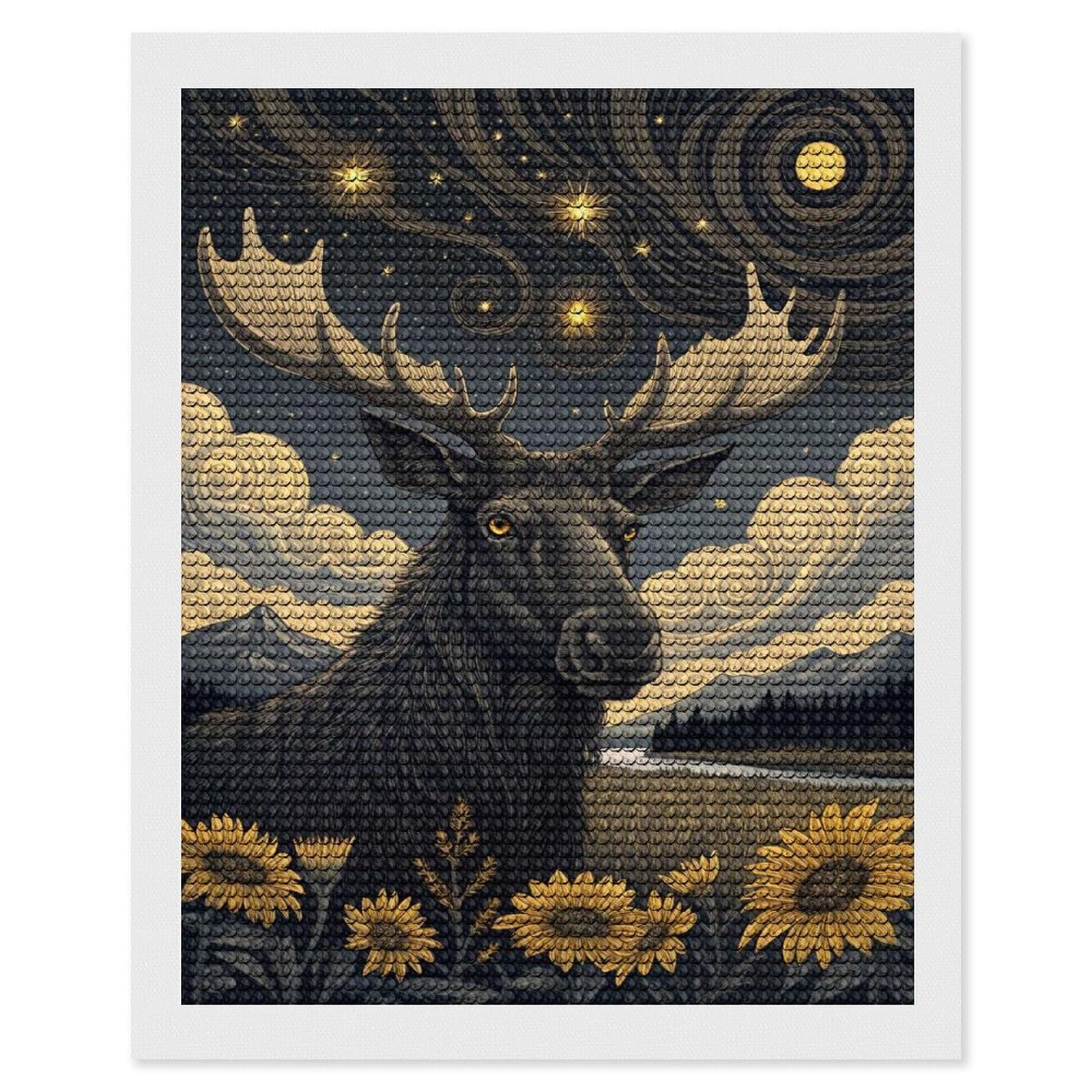 Junmoney Moose Under A Starry Sky Diamond Painting Canvas Set 16"x20", for Adults, Sparkling Round Gems, Thoughtful Handmade Gift, Modern Decor