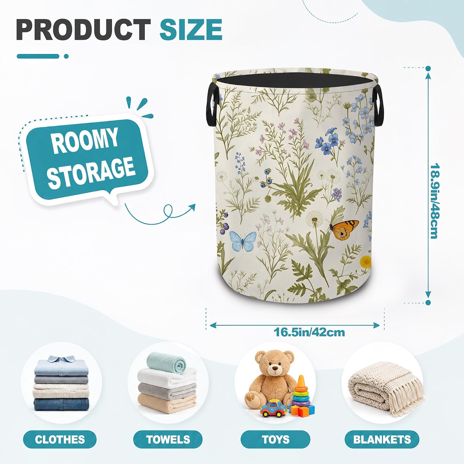 Wildflower Botanical Portable Laundry Hamper,Butterfly Flowers Collapsible Clothes Basket with Handles,Waterproof Oxford Cloth Organizer for Dorm Bedroom Bathroom Nursery,16 x 20 Inch image 2