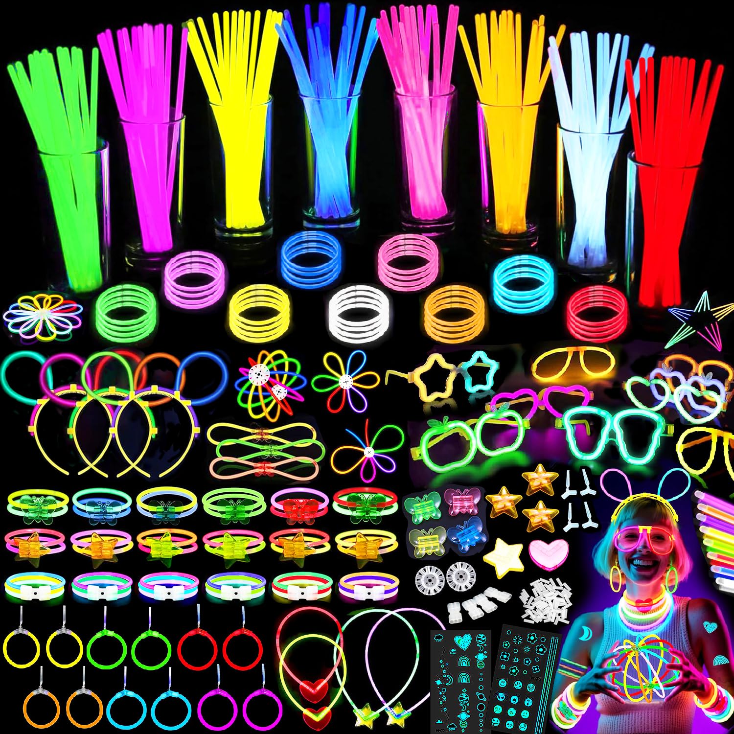 Slmeno 349 Knicklichter Party Set - 150 Leuchtstäbe 8 Farben, mit Verbinder für Armreifen Brillen Ohrringe, Ultrahelle Knicklichter Kinder/Erwachsene für Ostergeschenke Kinder Geburtstag Party Deko