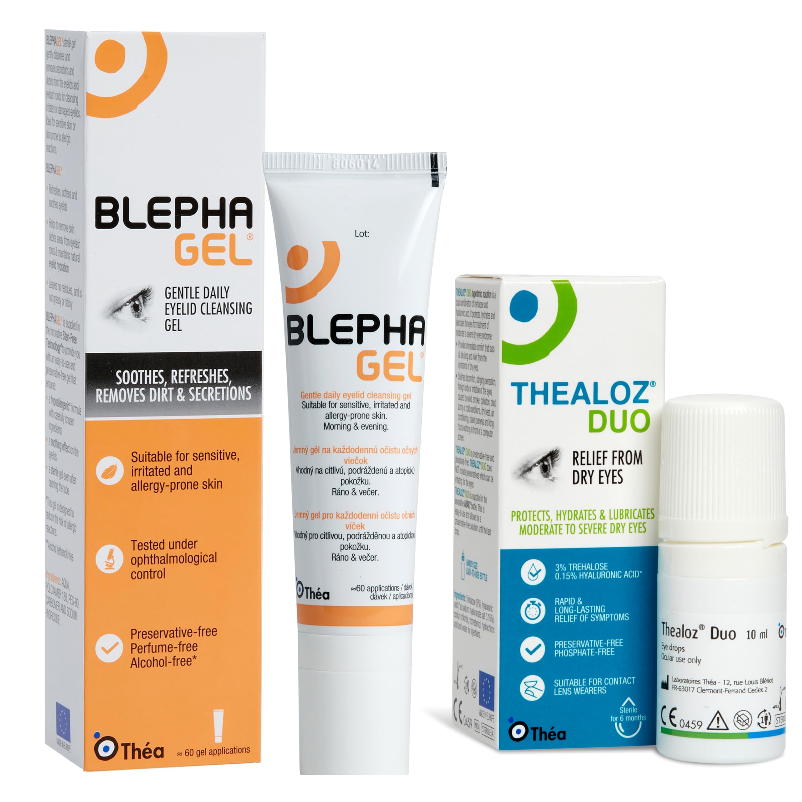 Dry Eye and Eye Cleansing Bundle for Sensitive Eyes - Thealoz Duo Eye Drops for Long Lasting Relief, 10 ml & Blephagel Eyelid Cleansing Gel, Gentle Formula to Refresh Sensitive Eyelids, 30g