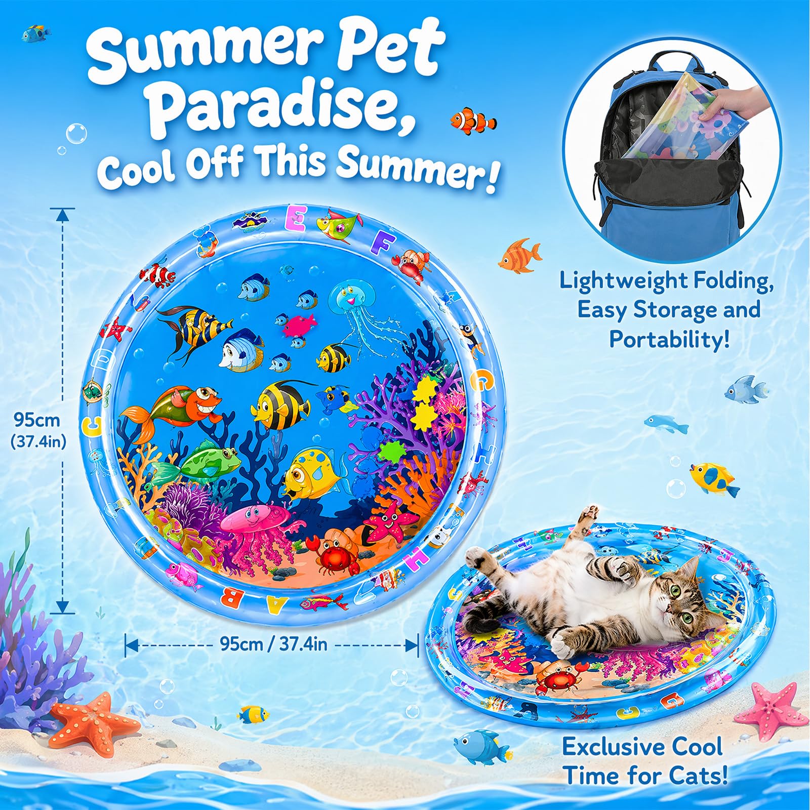 Wasserspielmatte Katze, Kühlmatte Katzen Hund, Wassermatte Baby, Spielmatte Sensorik Spielzeug Wasser, Interaktives Katzenspielzeug Wassermatte für Haustier Innen Außenbereich 95x95CM