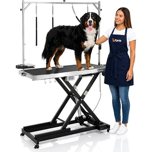 Professional Electric Dog Grooming Table - Heavy Duty | Height Adjustable Pet Grooming Table w/Leveling Wheels, Dog Grooming Arm, Anti-Slip Tabletop & Tool Organizer (Black, 49")