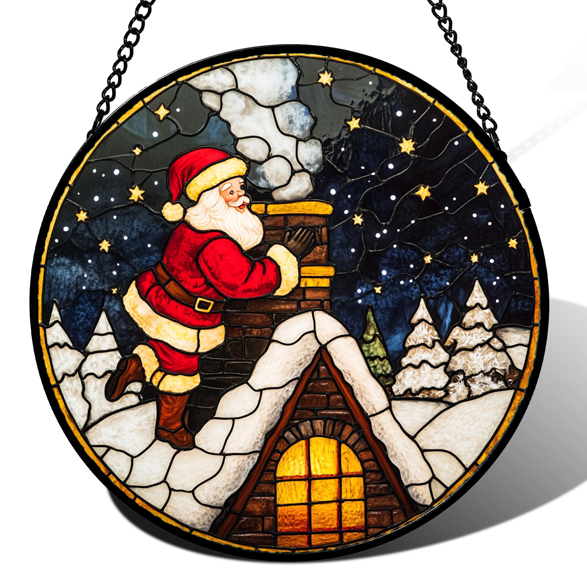 Stained Acrylic Puzzle Suncatcher,7.48in Gold‑Stars Santa‑Claus‑Snow Xmas Home Door Window Decor Gift