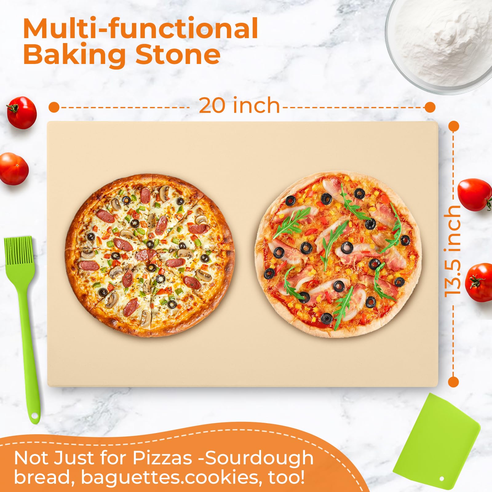 Piedra para pizza, 50,8 x 34,3 cm, piedra rectangular grande para pizza para horno y parrilla, piedra de cocina resistente que incluye raspador de plástico, cepillo de silicona, piedra para
