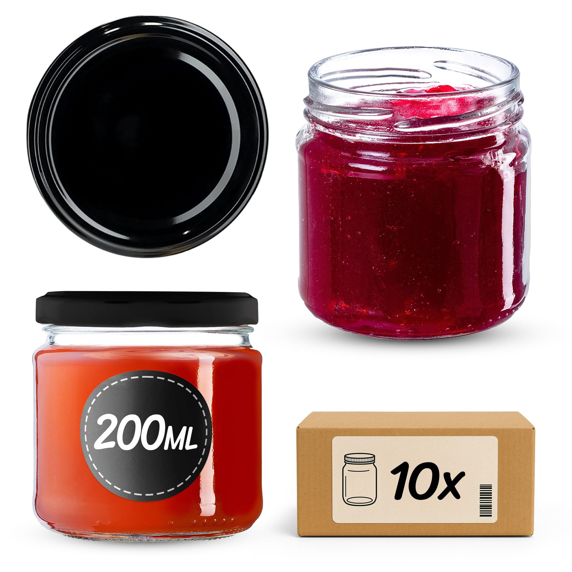KADAX Glass Jars 200 ml, Small Preserving Jars with Metal Lids for Homemade Jam and Honey, Jars for Storing Spices and Herbs (Black Lids, Set of 10)