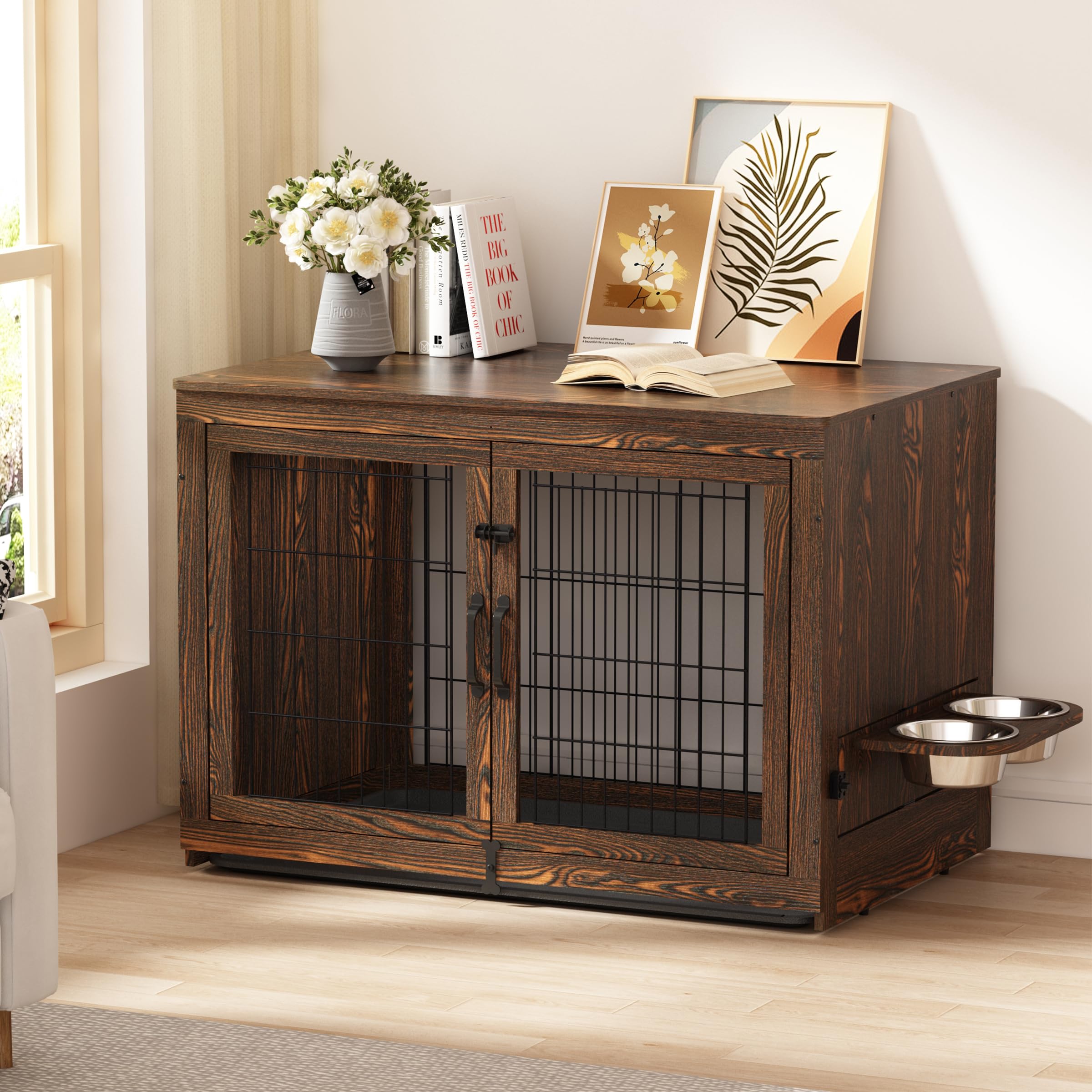 Piskyet Wooden Dog Crate Furniture with 360°Rotatable Removable Dog Bowls, Dog Crate End Table with Tray, Double Doors Dog Kennels Indoor (XL:43L*28W*30.5H, Rustic Style)