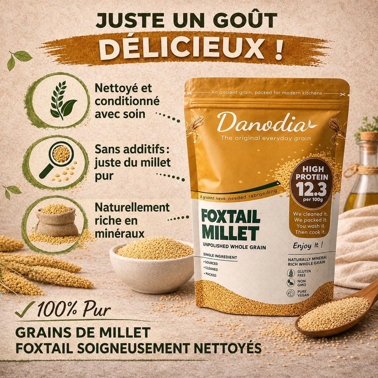 Danodia Foods Millet Queue-de-Renard Entier 950 g / 2 lb | Foxtail Millet décortiqué et non poli | Céréale sans gluten cultivée en Inde | Pour bols, porridge, accompagnements et recettes maison