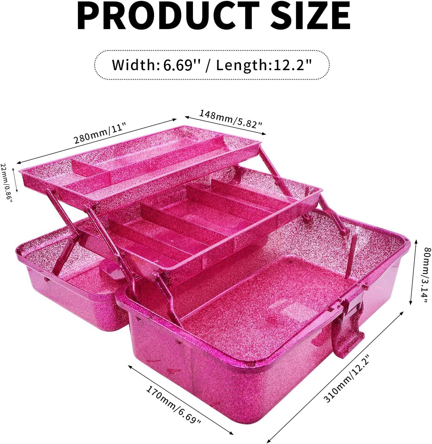 12.2inch 3-Layer Art & Craft Tool Storage Box, Beautiful Sewing Supplies Organizer, Plastic Portable Fishing Tackle Boxes, for Art Supply, Makeup, Hair Accessories,Painting Tools Container (Hot Pink)