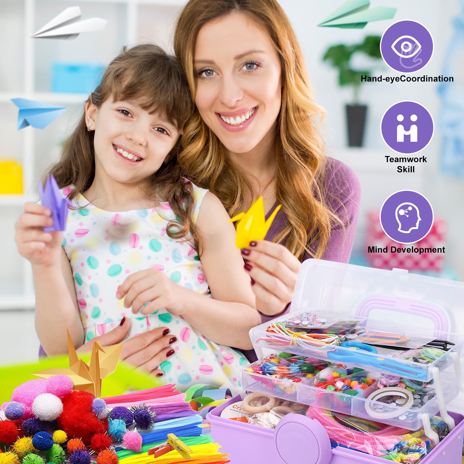 TAVADA Bastelset Kinder 3000+Pcs,DIY Basteln Bastelkoffer,Bastelmaterial Bastelzubehör,Bastelbedarf Material Set Scrapbooking Pompons,Wackelaugen,Pailletten für Geburtstag,Weihnachten