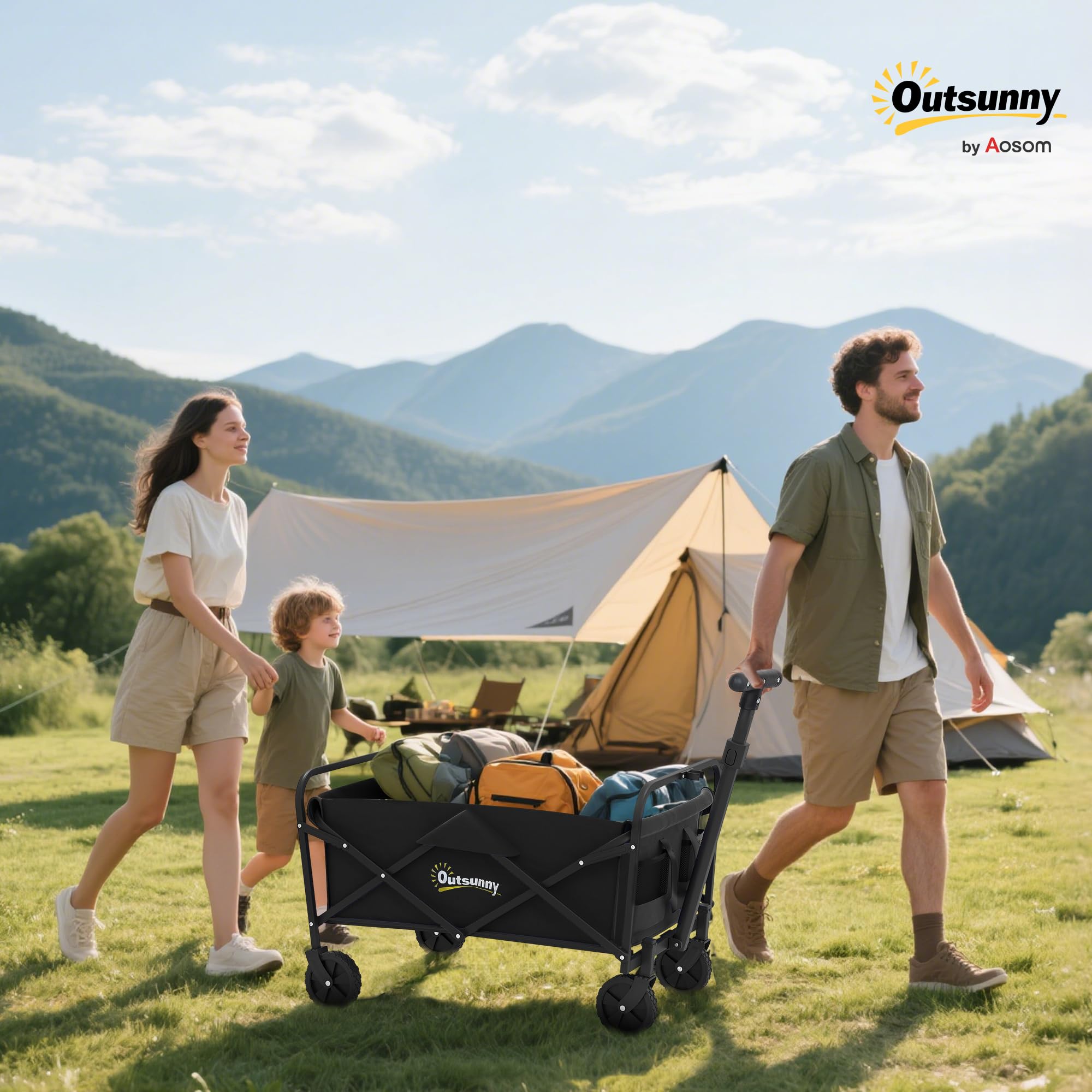Outsunny Carrello da Giardino da 62L con Ruote Girevoli, Carrello Spiaggia Pieghevole in Metallo e Tessuto Oxford con Borsa e Maniglia Girevole e Regolabile, 76x48x86 cm, Nero