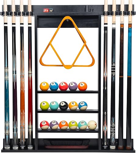 Billmart Soporte de pared para palo de billar, 8 tacos de madera maciza para billar, accesorios para mesa de billar (negro)