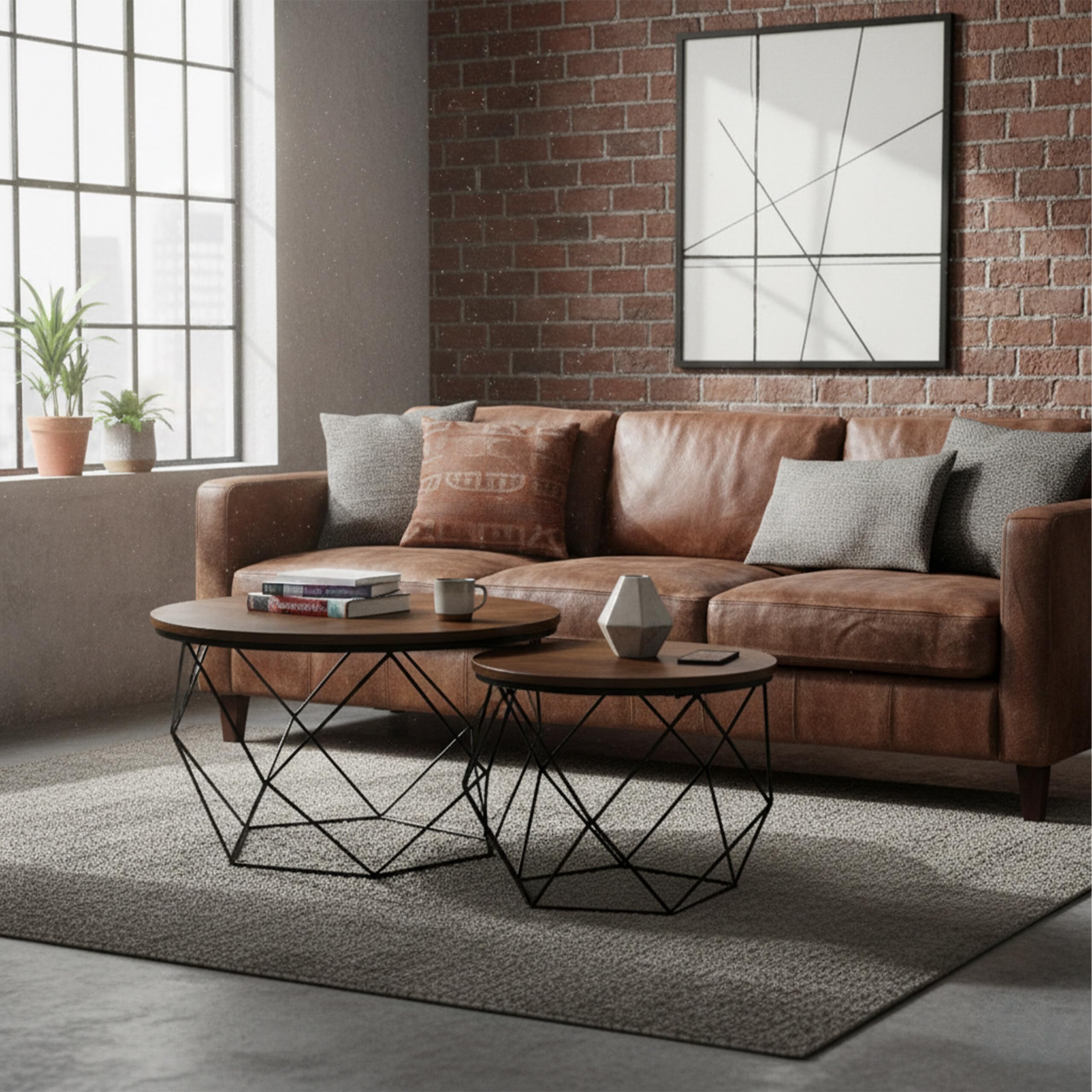Relaxdays Couchtisch, 2er Set, Holzoptik & Metall, Industrial-Design, runde Beistelltische, Wohnzimmer, braun/schwarz