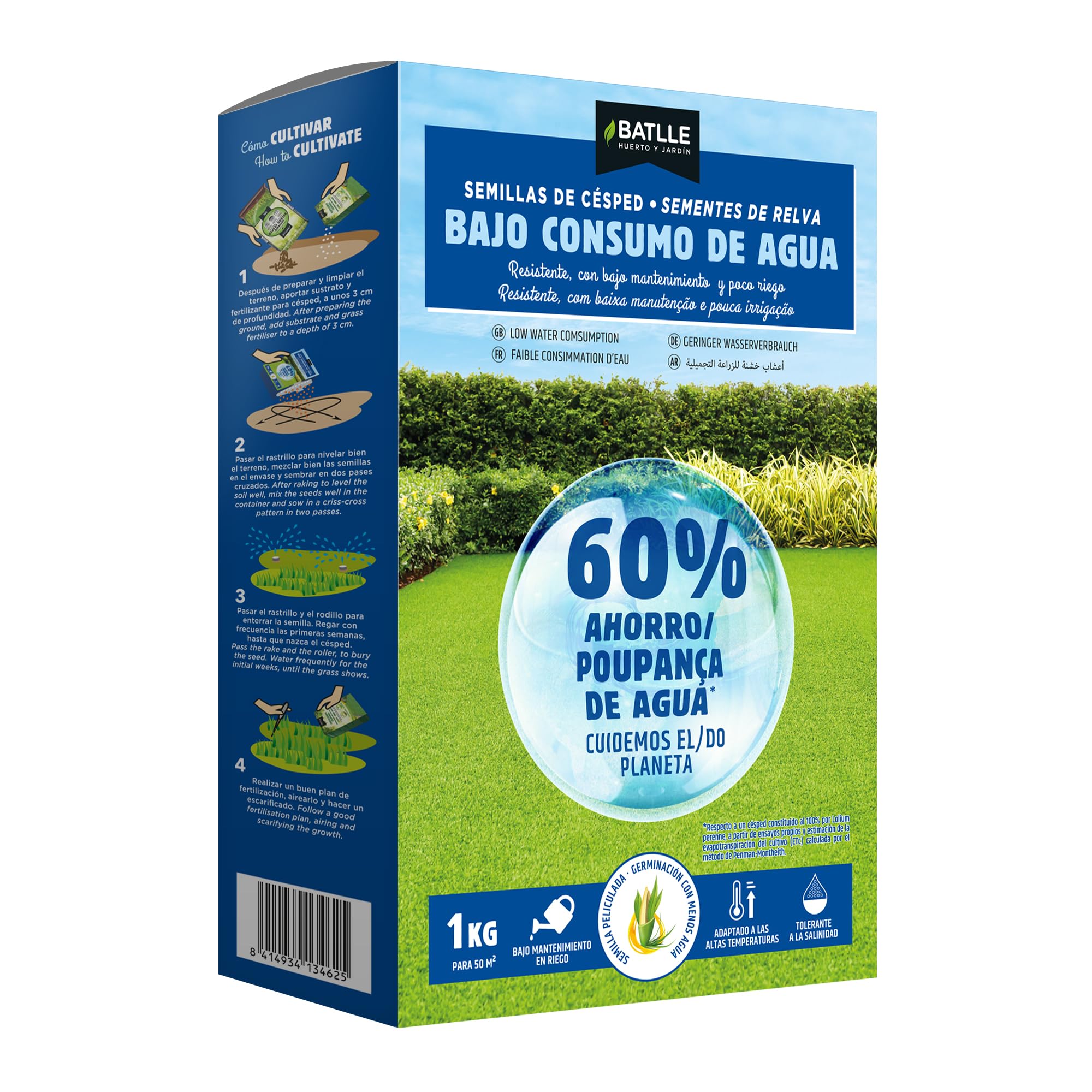 BATLLE Semillas de Césped Bajo Consumo de Agua – Caja Troquelada Dispensadora 1 kg – Tolerante a Sequía, Calor y Salinidad – Ideal para Jardines de Bajo Riego