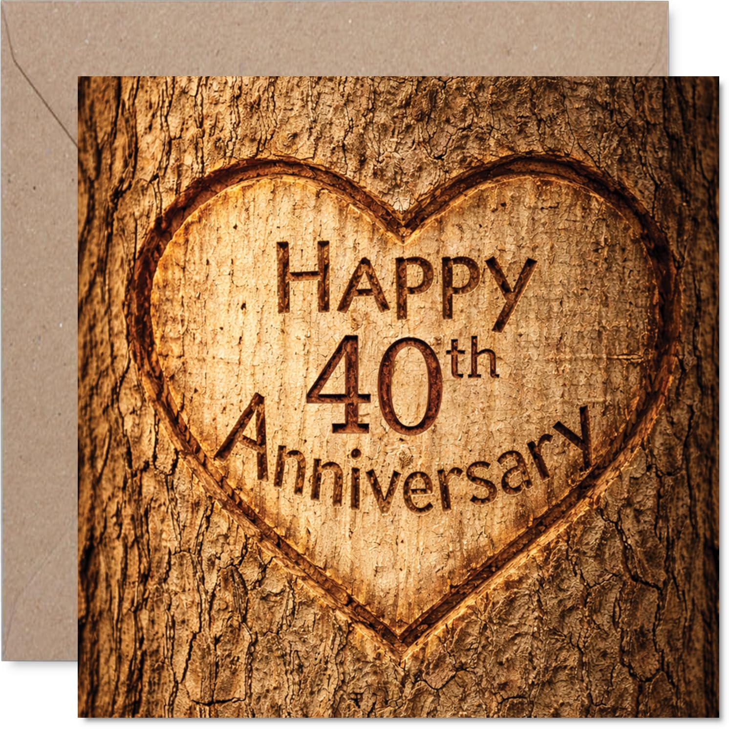 Heartfelt 40th Anniversary Card - Rustic Charm with Carved Heart - Warm Wood-effect Design for a Memorable 40th - 145mm Square, Envelope Included