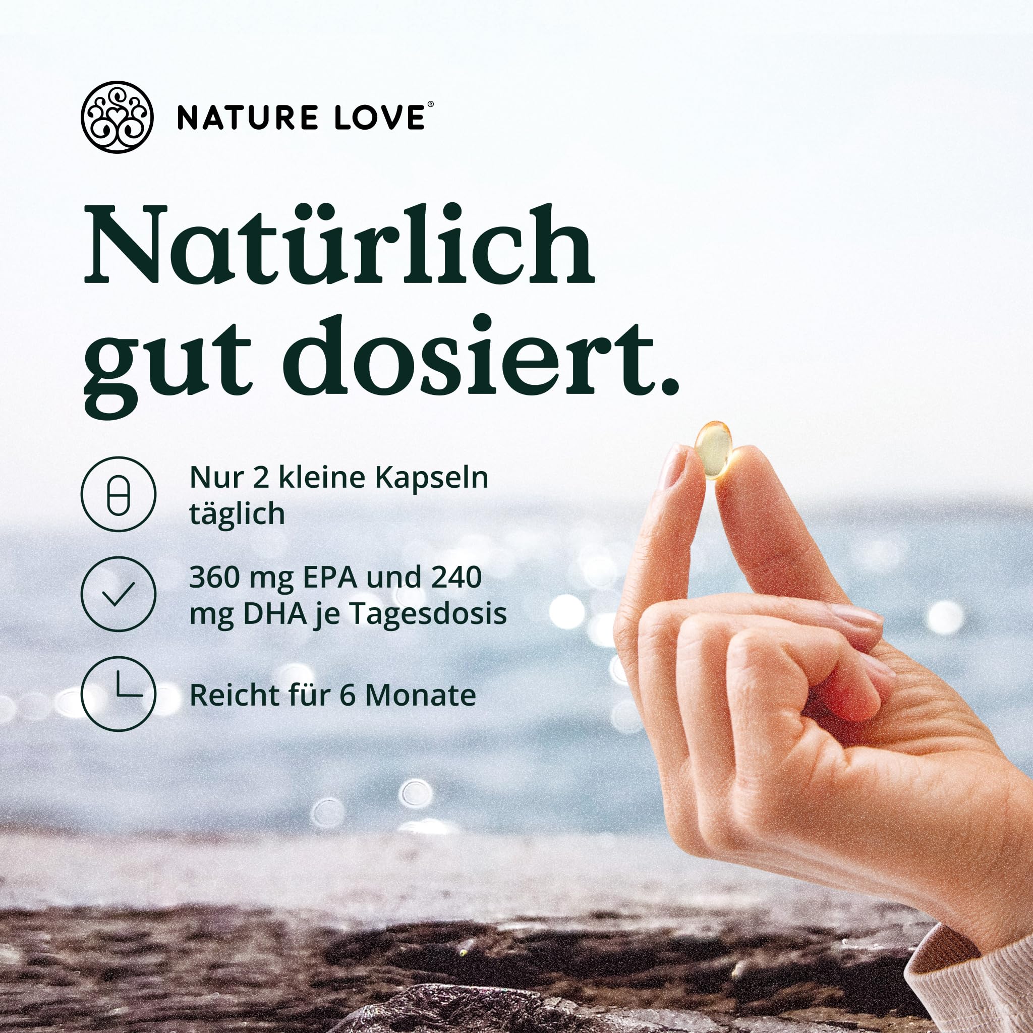 Nature Love Omega 3 - hochdosiert mit 650mg Omega 3 Fettsäuren pro Tagesdosis - 365 kleine Kapseln mit Spitzenrohstoff AlaskOmega® (MSC-zertifiziert) - ohne Zusätze in Deutschland produziert