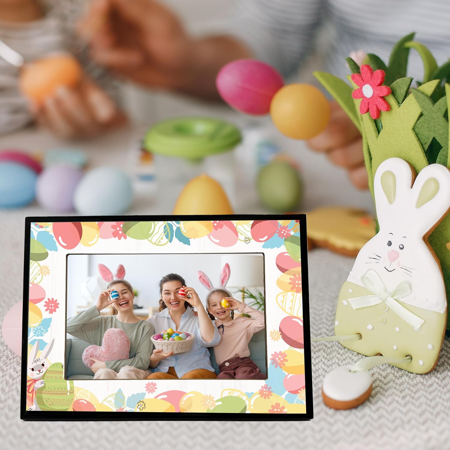 Easter Picture Frame, Easter Gifts for Women Friends, Wooden Easter Egg Bunny 4x6 Photo Frame, Colorful Easter Egg Decorations, Easter Party Supplies Favor-B01