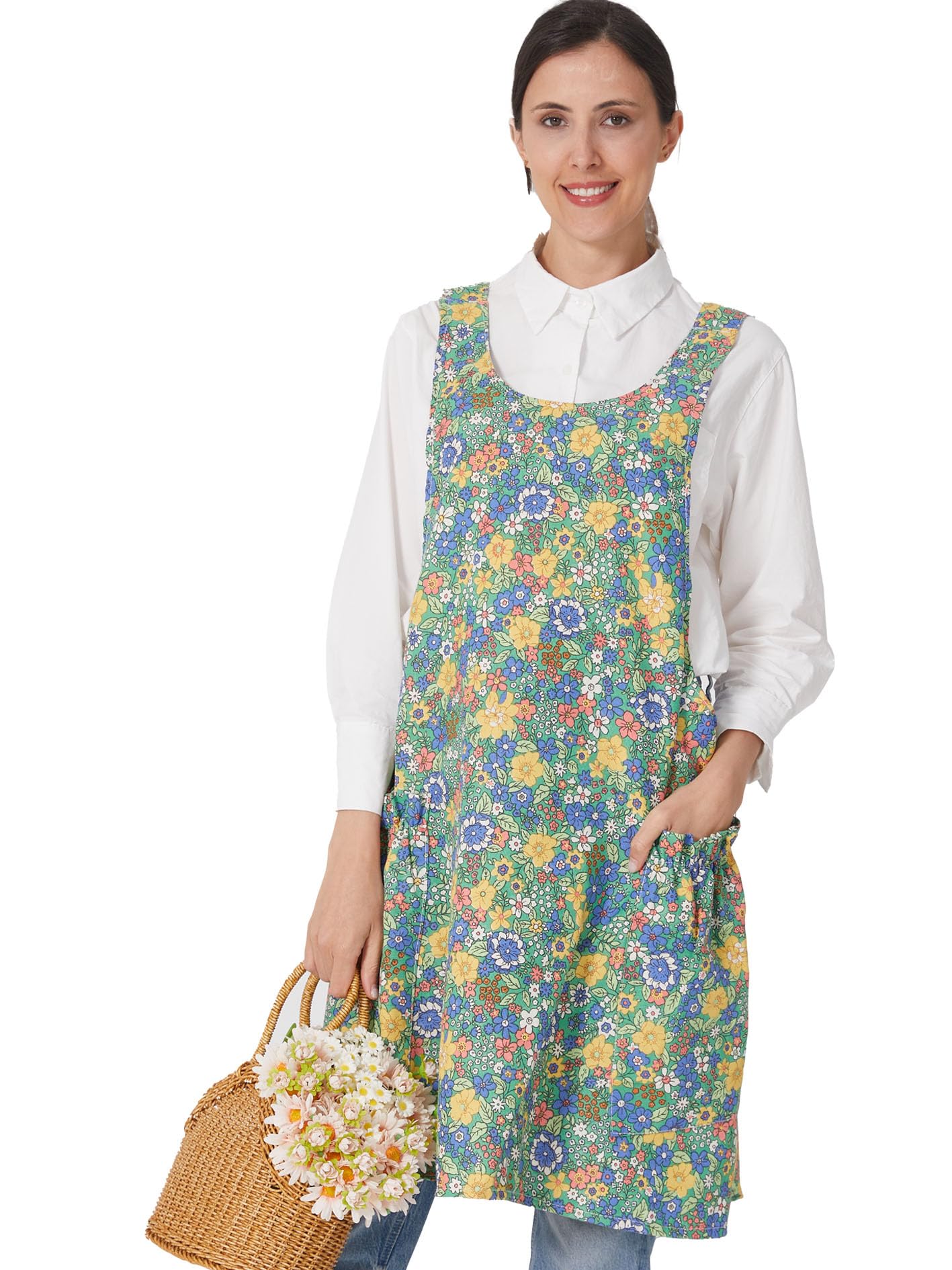 Cozy Adjustable Cross Back Aprons for Women with Pockets Cotton Linen Cooking Kitchen Baking