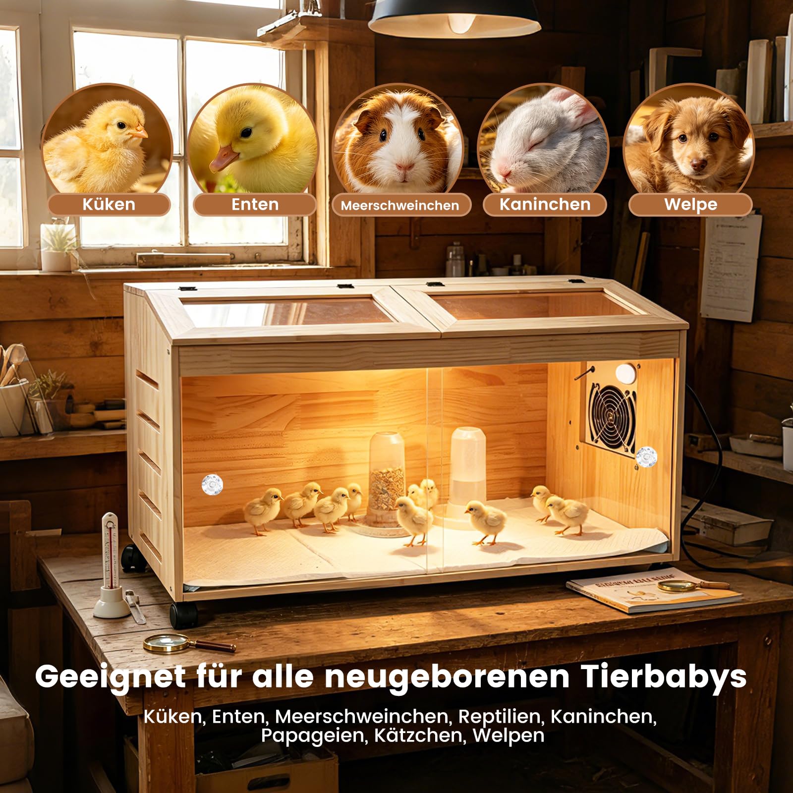 Kükenaufzuchtbox mit 4-Bremsrollen, intelligenter Brütkasten, Holzbrüter mit Temperaturregler, 80x40x40cm