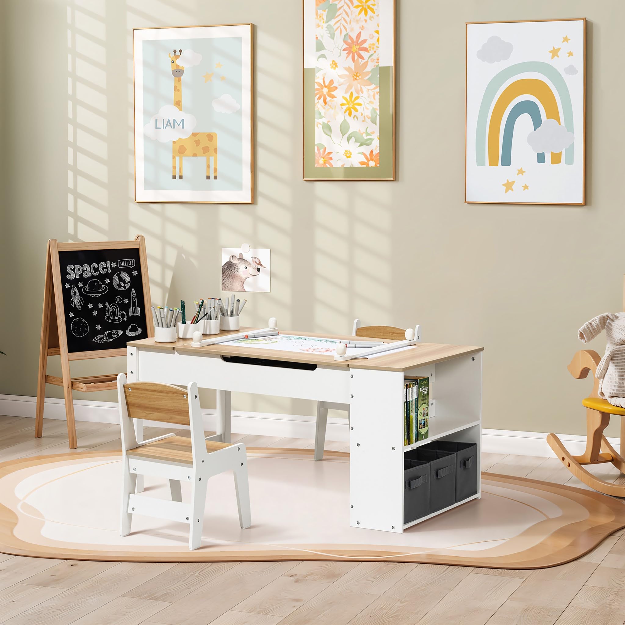 LuxenHome Kids Art Table with Storage and Chair Set, Children Table Bookcase and 2 Chairs Set, Toddler Activity Play Table with 2 Chairs, Craft Table with Roll Paper for Drawing, Activities, and Study