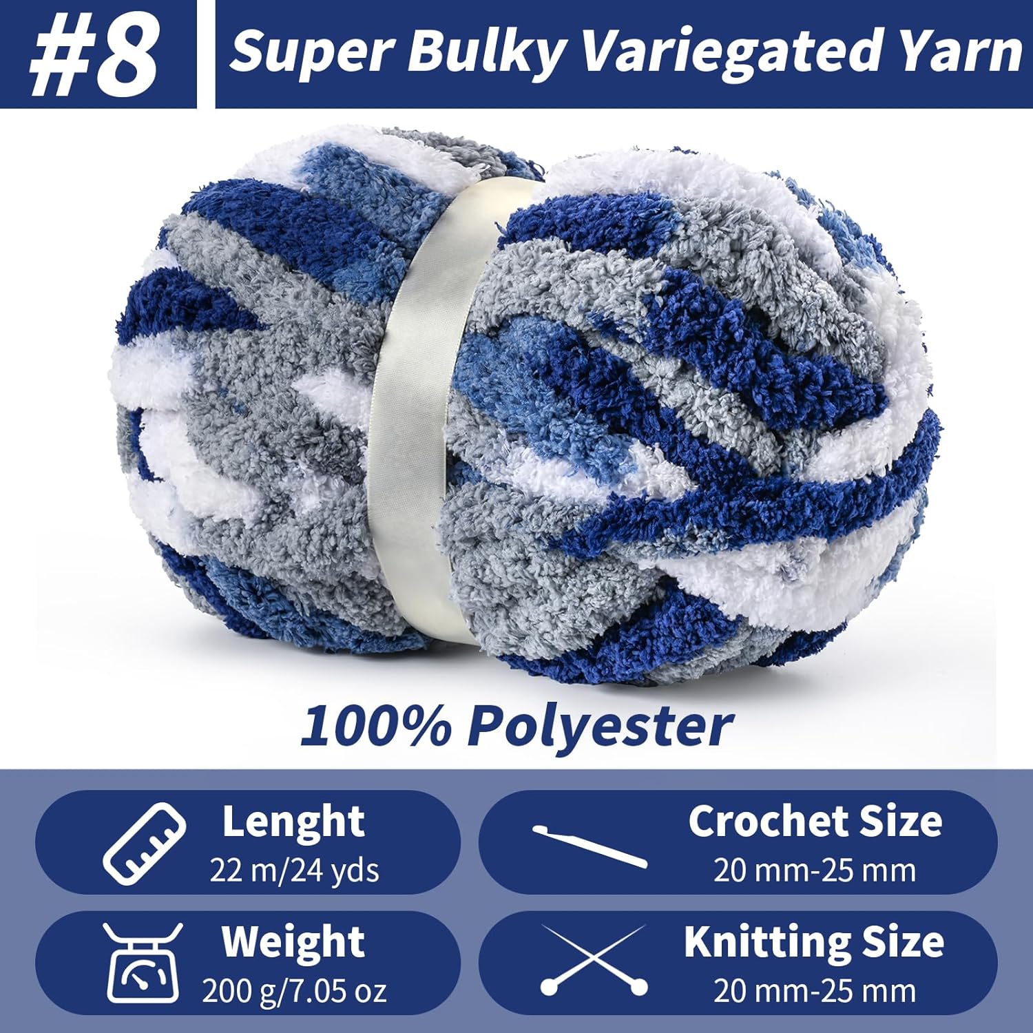 10 pack fluffy chunky chenille yarn for crocheting, jumbo chunky blanket yarn for hand knitting, 240yds/70.5oz super bulky variegated baby blanket yarn(blue-white)