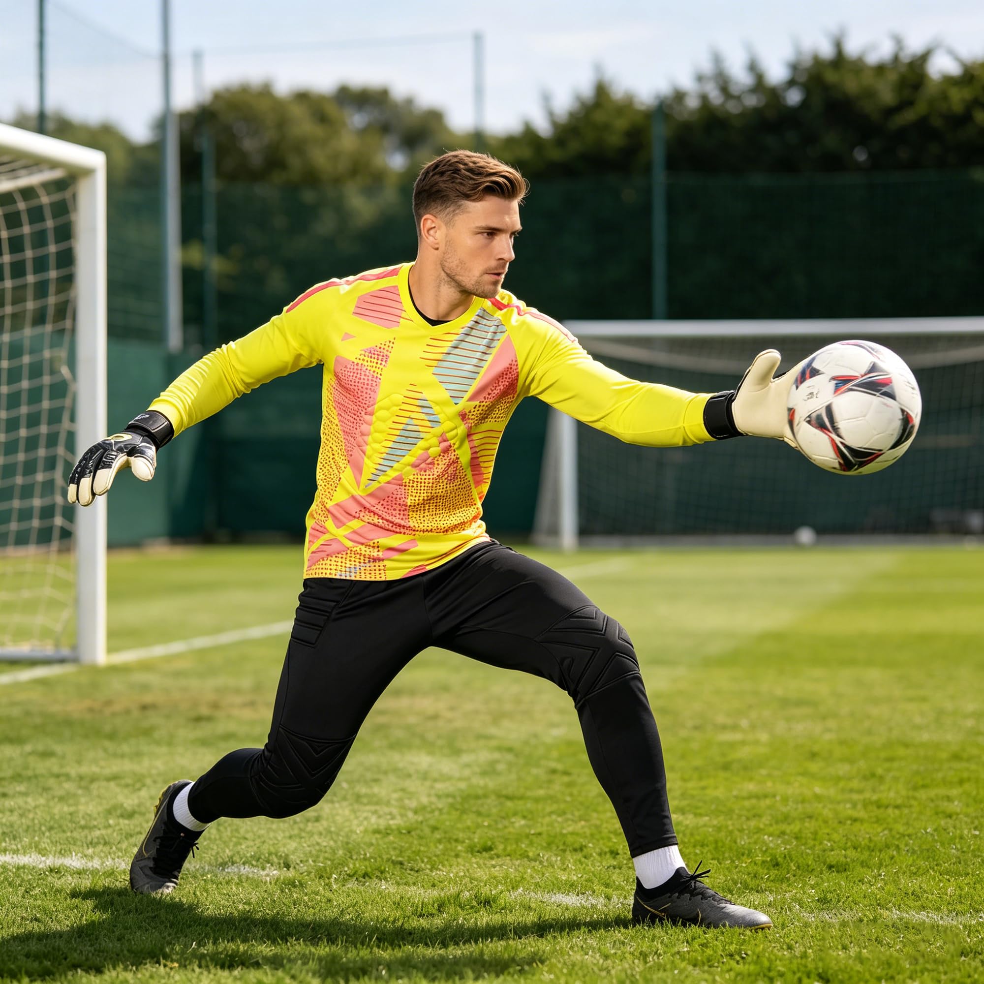 Maglia da portiere per adulti e bambini, traspirante, con pantaloncini, set da calcio, con imbottitura imbottita, attrezzatura da portiere