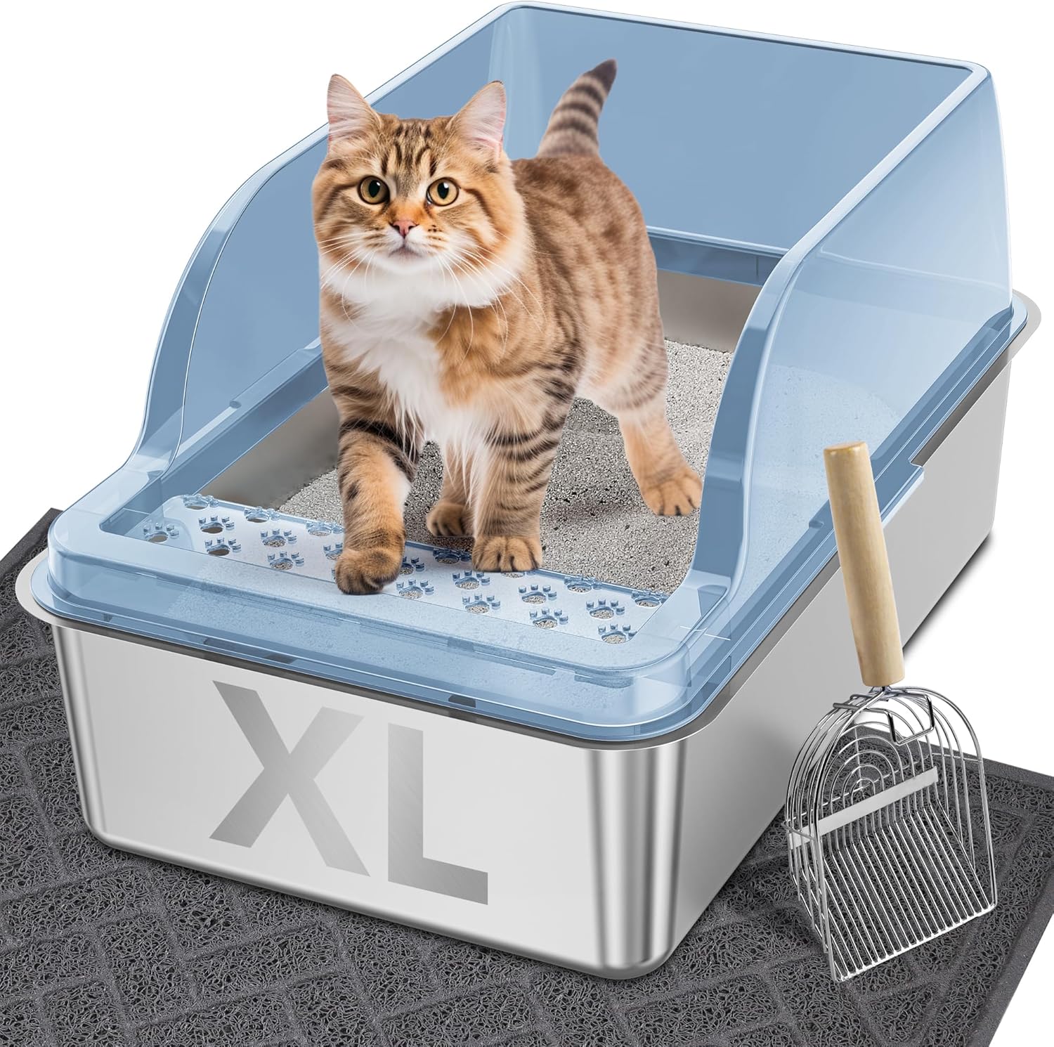 UPSKY Stainless Steel Cat Litter Box with Lid, XL Large Metal Litter Box for Large Breeds, Enclosed Kitty Litter Pan with High Sides, Leak-Proof & Non-Stick, Easy to Clean, Scoop and Mat Included