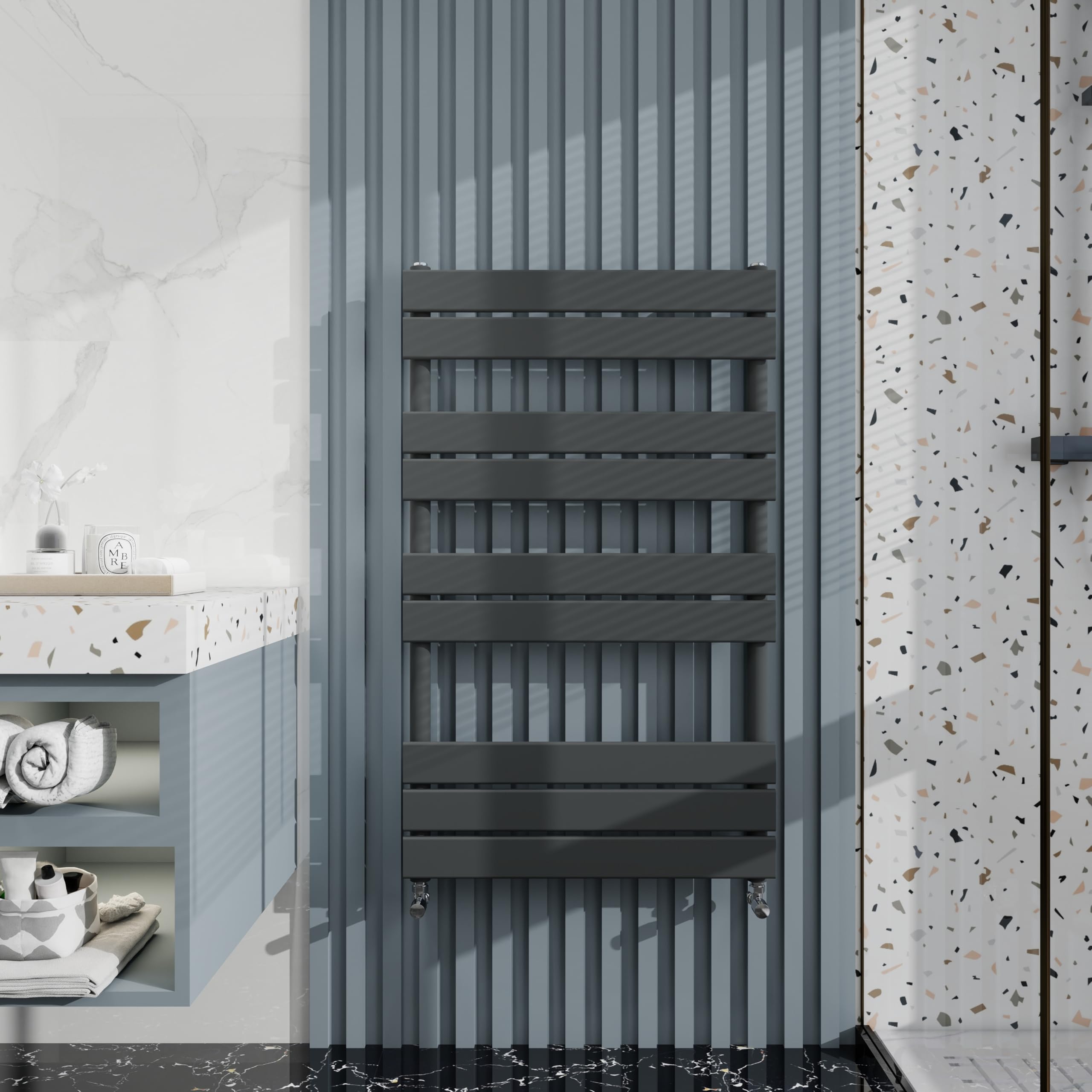 Heated Towel Rail Radiator: Wall Mounted Bathroom Heater with Central Heating, Modern Flat Ladder Panel 1000×600mm Anthracite
