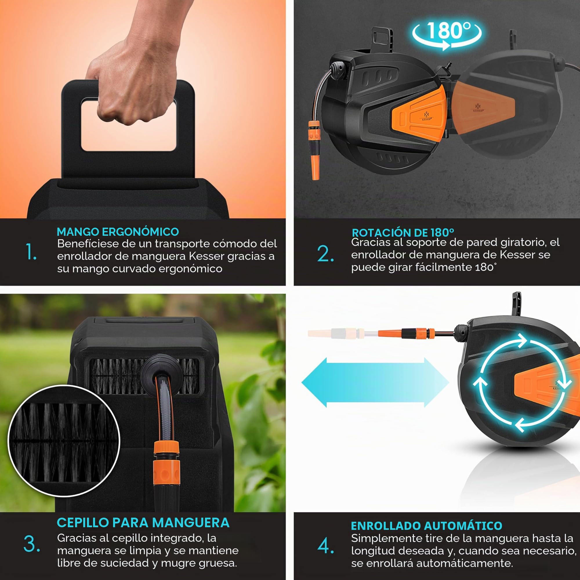 KESSER® Enrollador de mangueras Agua | Ducha de mano múltiple | Giratorio 180° | Tapón de rebobinado | Montaje en la pared | Caja de mangueras de pared | Manguera de jardín, naranja 15 M