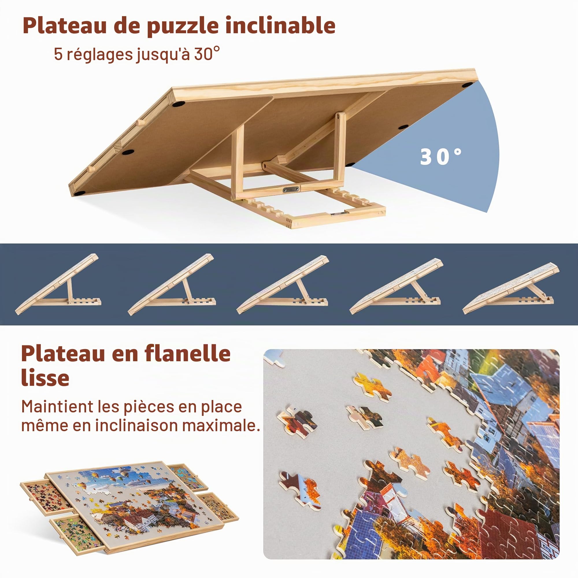 Becko US Planche de puzzle inclinable de 1 000 pièces 4 tiroirs colorés Couverture Table de puzzle réglable avec chevalet intégré Rangement pour adultes Plateau en