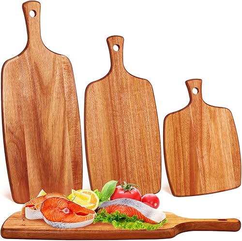 Vista 15 de Kathfly 3 tablas de cortar de madera de acacia con mango láser de madera para servir charcutería para verduras, carne, pizza, queso, pan de frutas
