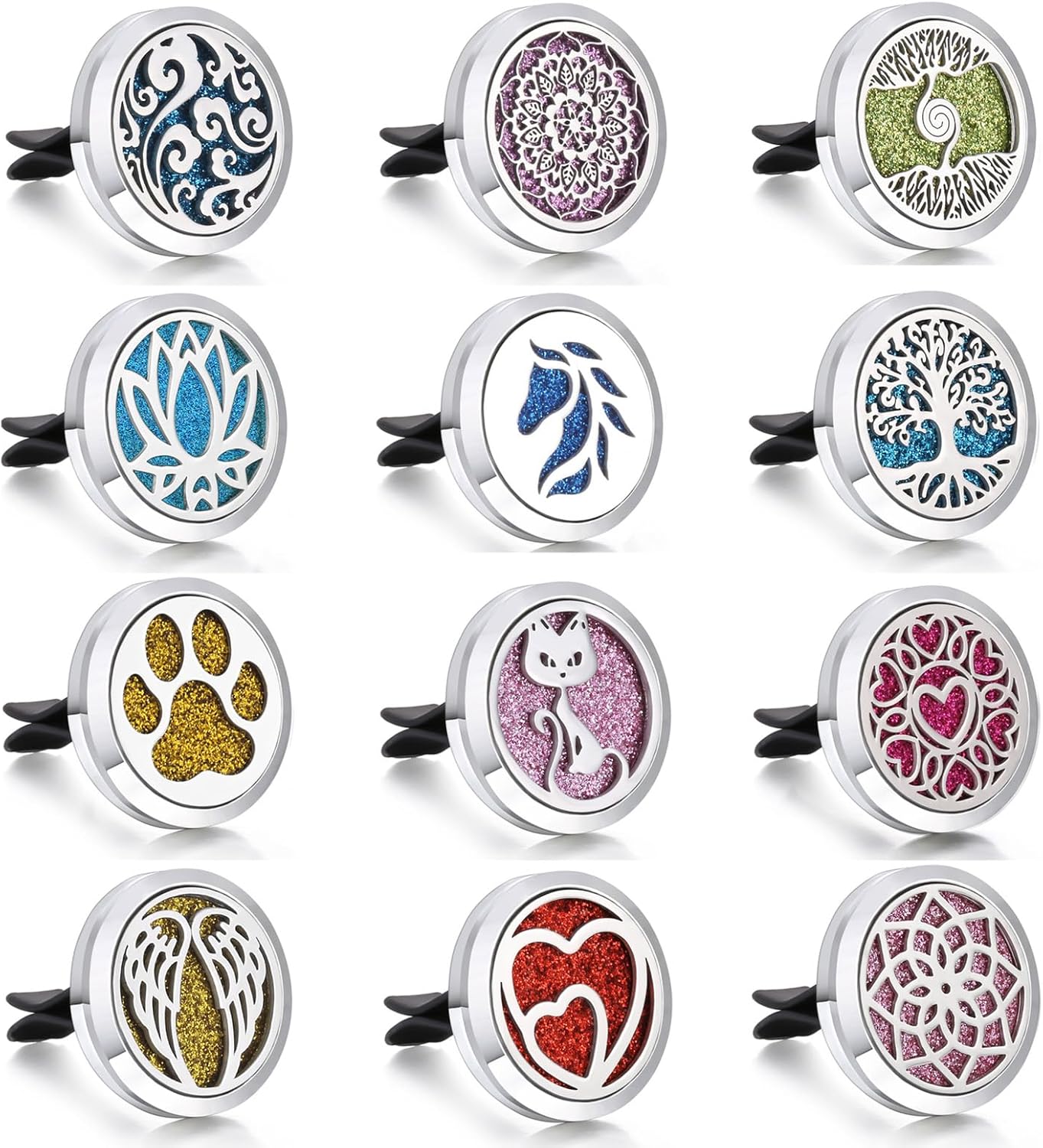 12pcs Car Aromatherapy Clip, Car Diffuser, Car Aromatherapy Essential Oil Diffuser, 30mm-Aromatherapy Diffuser 12pcs Set with 120 Glitter Powder Cotton Pads