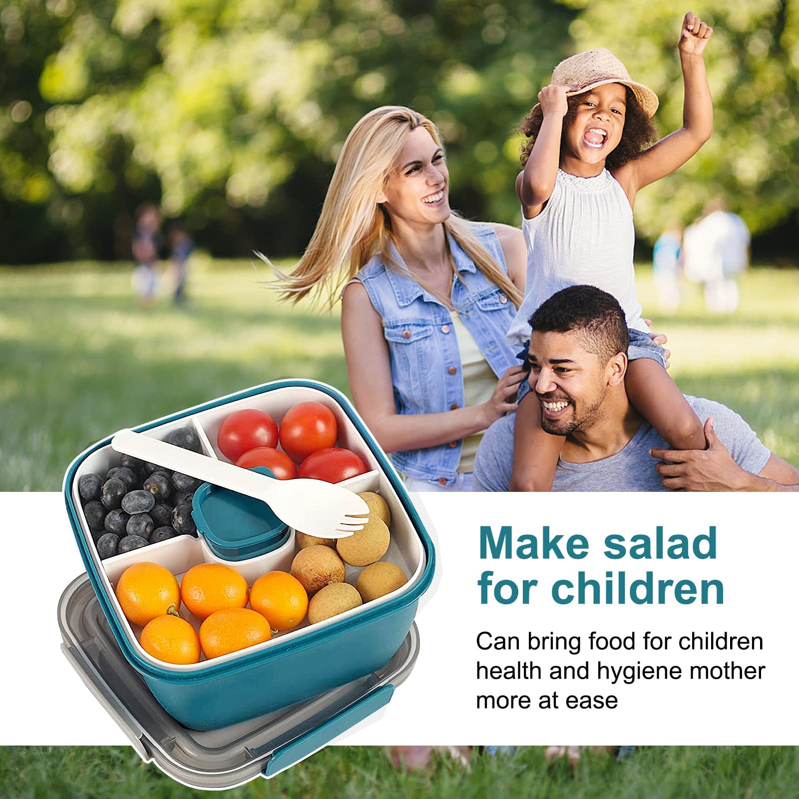 Greentainer Contenitore per insalata da 150 ml, senza BPA, 3 scomparti per condimenti e snack, cucchiaio riutilizzabile integrato, adatto al microonde (blu scuro)