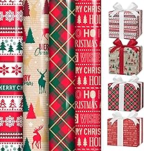 ANGIX 4 x 7m Christmas Wrapping Paper Roll Set - Luxury Tartan & Reindeer Gift Wrap - Premium Kraft Christmas Wrapping Paper for Holiday Presents, Festive Decor & Seasonal Celebrations (Total 28m)