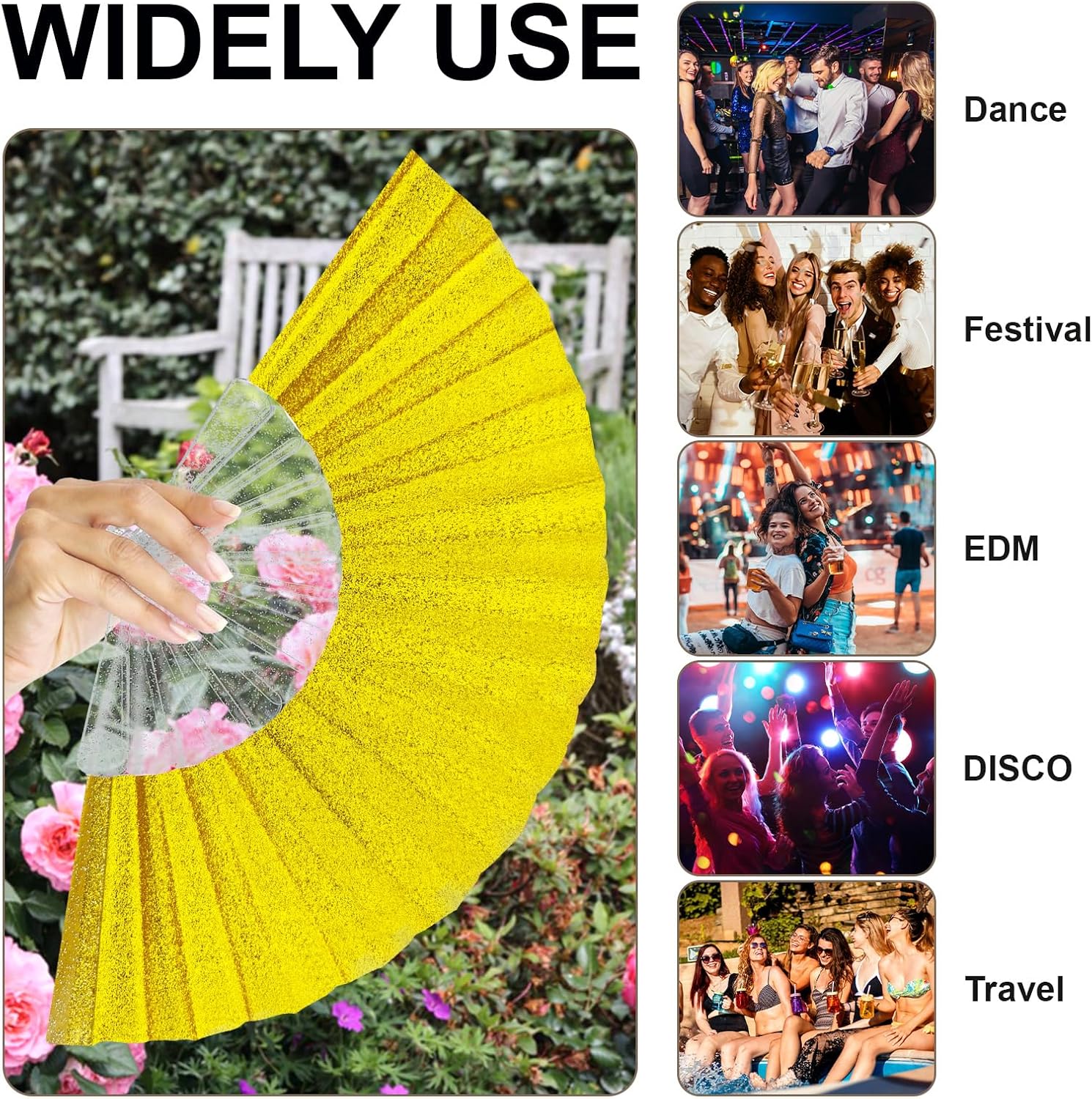 EOSAU 2 Pcs Glitter Folding Hand Fans for Women Foldable Handheld Clack Fans for line Dancing, Wedding, Church, Festival, EDM, Party, Club, Rave Accessories (Silver, Gold) image 5