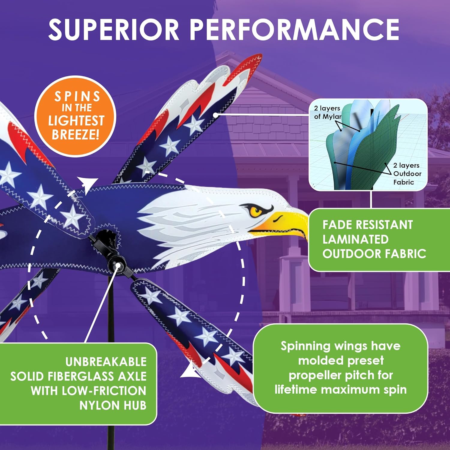 Whirligig Spinner Patriotic Eagle 25" – Bold American-Themed Design, Weather-Resistant Outdoor Decor, Durable & Lightweight for Patios, Yards, and Gardens - Eye-Catching Wind Spinner