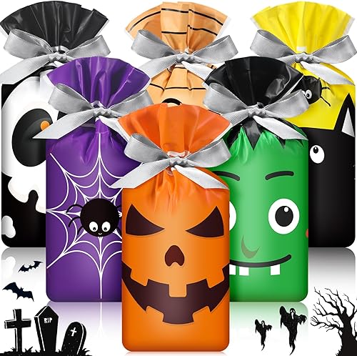 Aliceset 60 bolsas de golosinas de Halloween con cordón para Halloween, bolsas de plástico para dulces, bolsas de dulces para niños, Halloween,