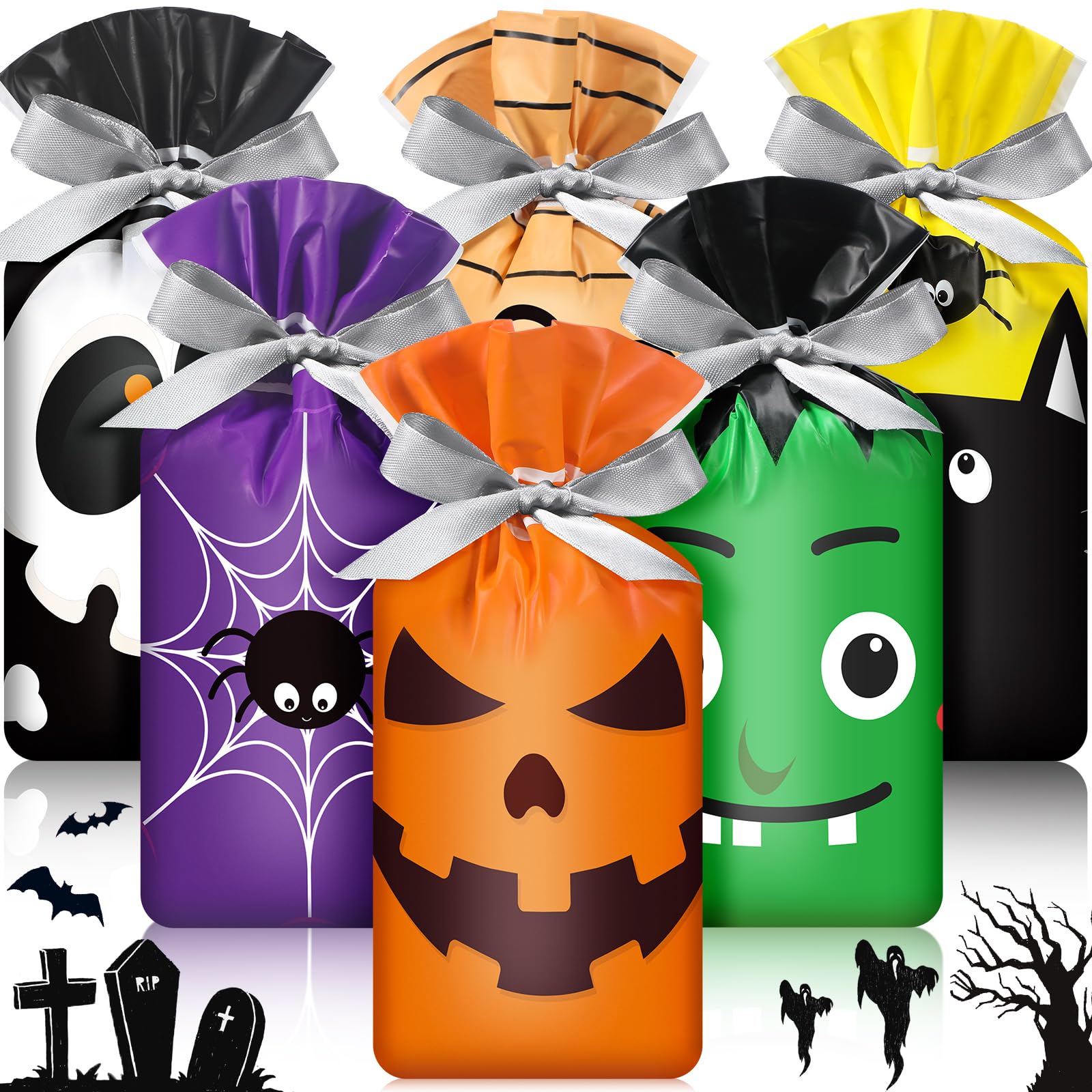 Aliceset Torby na prezenty ze sznurkiem na Halloween, luzem, plastikowe, cukierek albo psikus, torebki na cukierki ze sznurkiem do ciągnięcia na Halloween, upominki na przyjęcie halloweenowe, upominki