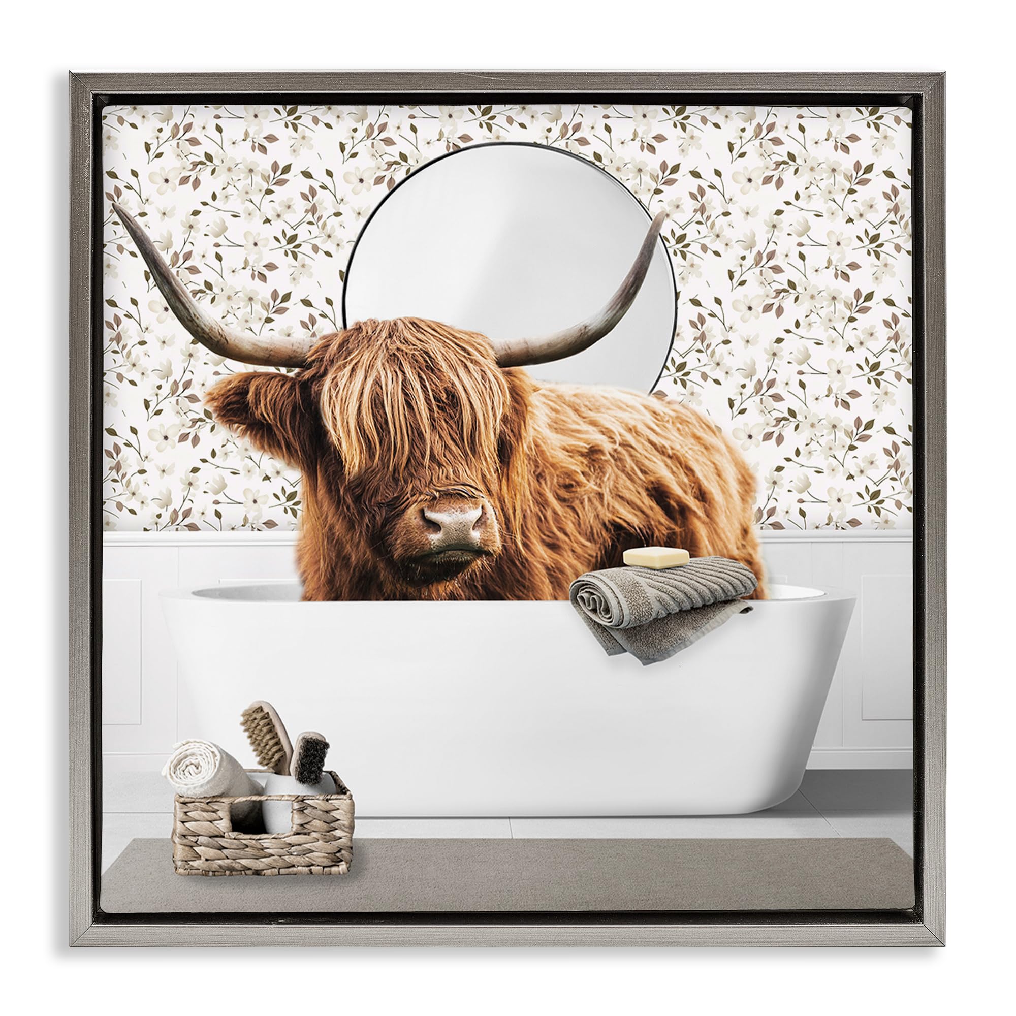 Stupell Industries 'Boho Cattle Bath Time', Floating Frame Canvas Art, Gray, 18 x 18 Inches, Easy to Hang and Sturdy, Made in USA, by CAD Designs