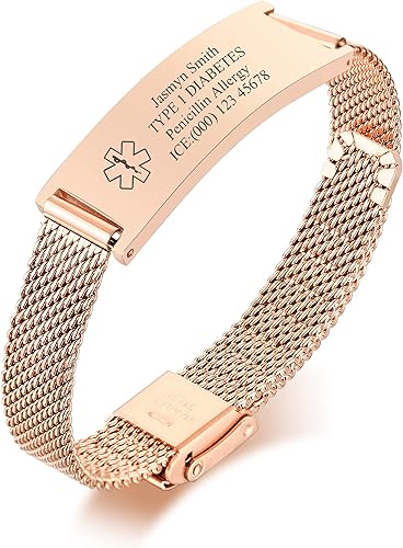 MEALGUET Pulsera de malla de acero inoxidable con grabado personalizado, pulseras de identificación de alerta médica para hombres y mujeres, pulsera