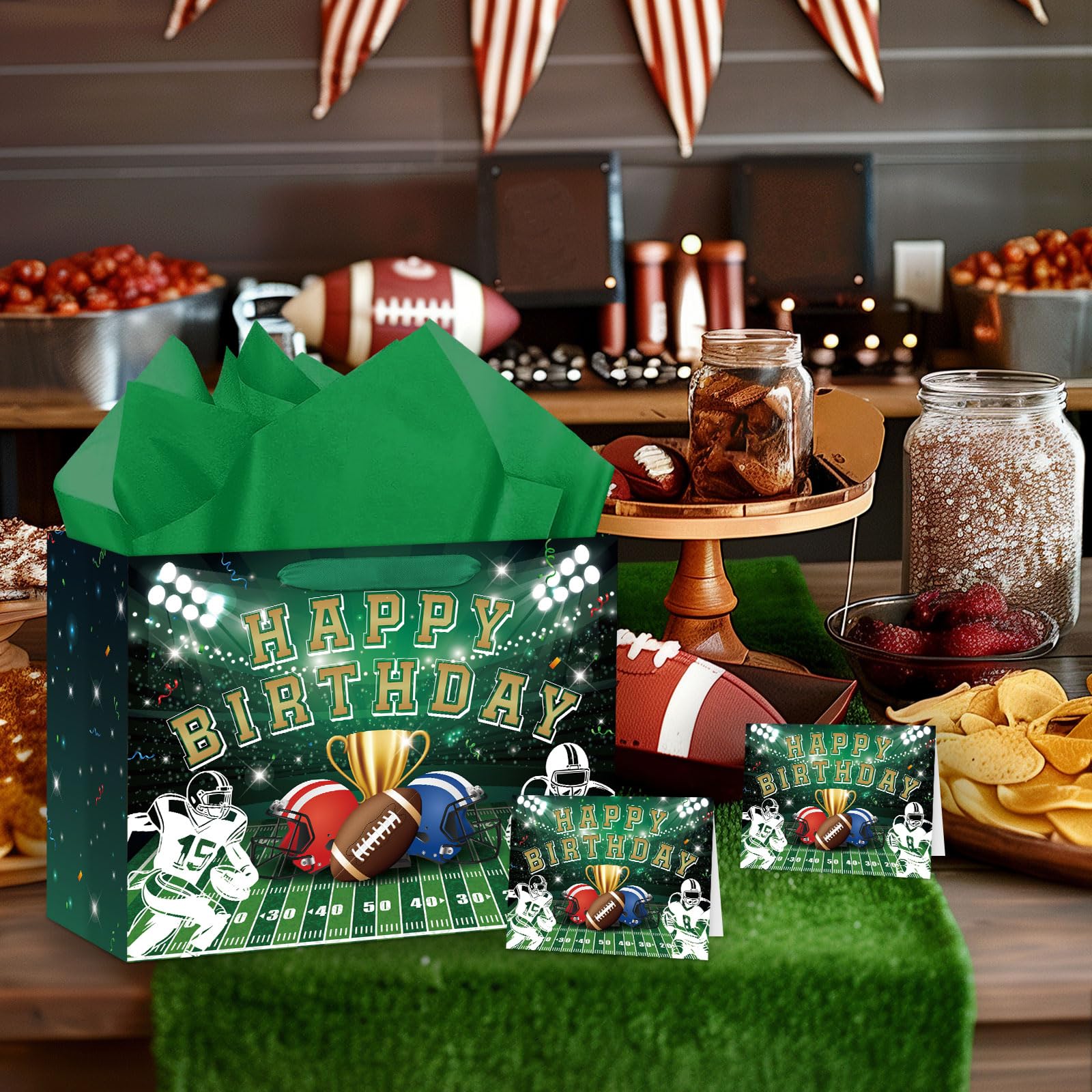 Hooqict Large Football Gift Bag with Handles, Tissue Paper and Greeting Card Football Birthday Party Gift Wrapping Bag for Boys Men Sport Themed Goodie Treat Party Favors