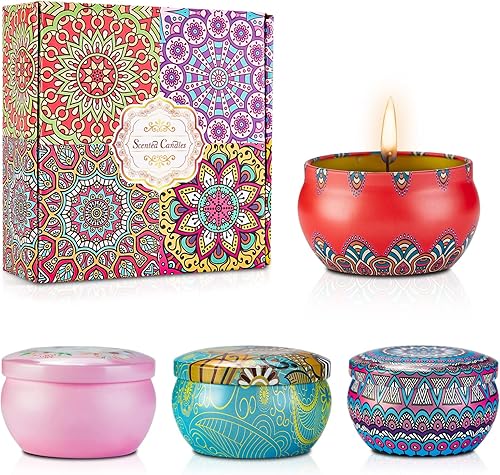 Velas de regalo para mujeres, 4 x 2.8 onzas, velas perfumadas de cera de soja con lavanda, rosa, fresia, aromas de jazmín, regalos para aliviar el