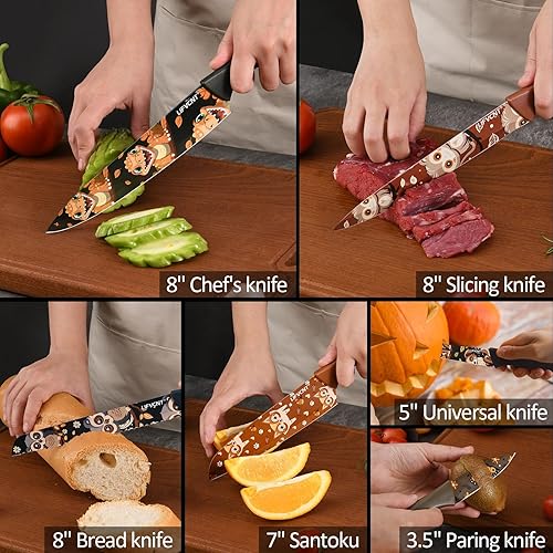 Miniatura 4 de JunJing LIFVCNT Juego de cuchillos de cocina con revestimiento de color, juego de cuchillos de acero inoxidable antioxidante multicolor para mujer