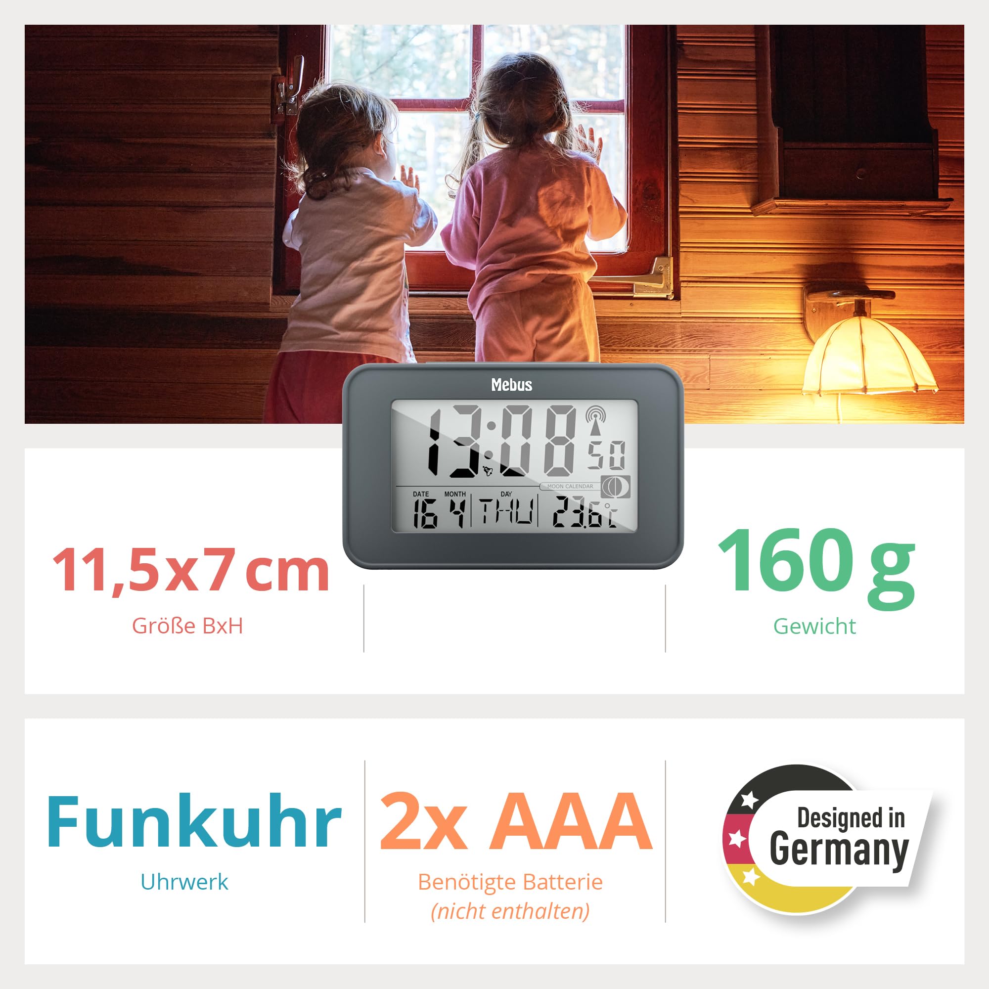 MEBUS digitaler Funk-Wecker mit Mondkalender, Beleuchtung, Innenthermometer, Schlummer-Funktion/Material: Kunststoff/Farbe: Grau/Modell: 51460