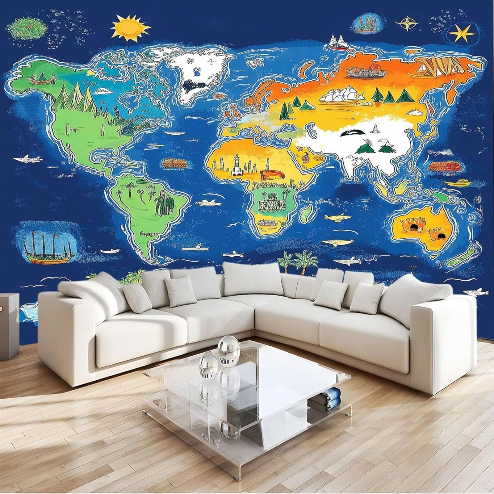 Hgjdjhnf 3D Mural Photo Wallpaper Cartoon World Map Non-Woven Wallpaper Blue Wallpaper Living Room Bedroom Office Hallway Wall Decoration Teenager's Room Wall Decoration,250Cmx175cm Stickers - Frameless Painting - Post