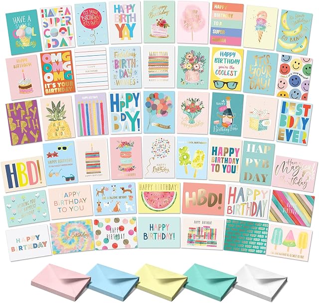 S&O - 50 Birthday Happy Birthday Cards with Envelopes and Birthday Card Assortment Box. Variety Set of Assorted Birthday Cards with Envelopes, Bulk Greeting Cards Assortment