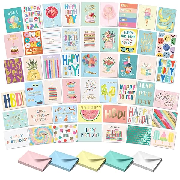 Sweetzer & Orange Happy Birthday Cards with Envelopes and Assortment Box – Variety Set of 50 Assorted Birthday Notes. Perfect Bulk Pack for Celebrations, Office, Friends, Family, and Special Occasions