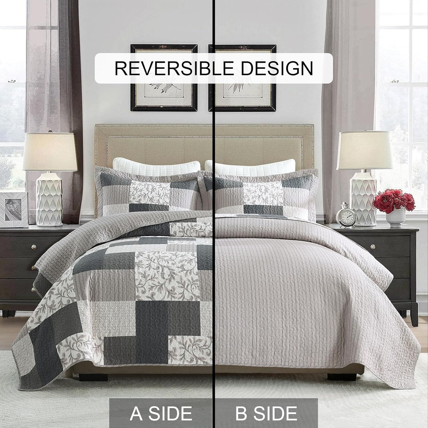 PERHOM Queen Size Quilt Set, 3 Pieces Queen 100% Cotton Quilted Comforter Set with 2 Pillow Shams, Farmhouse Plaid Botanical Pattern, Lightweight Reversible Coverlet Bedspread, Charcoal/Khaki/Beige