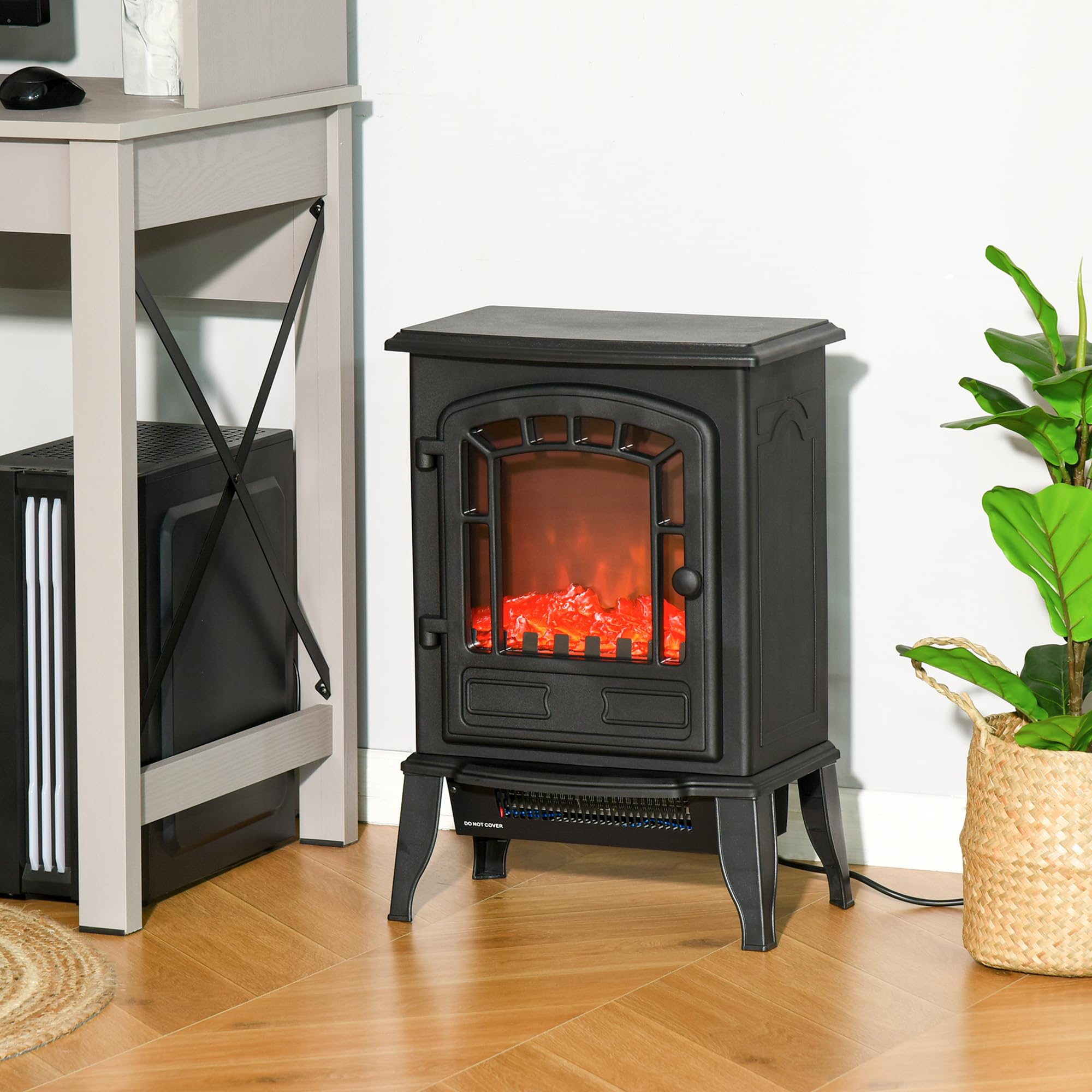 HOMCOM Camino Elettrico con Effetto Fiamma, Caminetto Elettrico 1000/2000 W con Temperatura Regolabile e Protezione da Surriscaldamento, Copertura 20-25m², 39x24x56.5cm, Nero