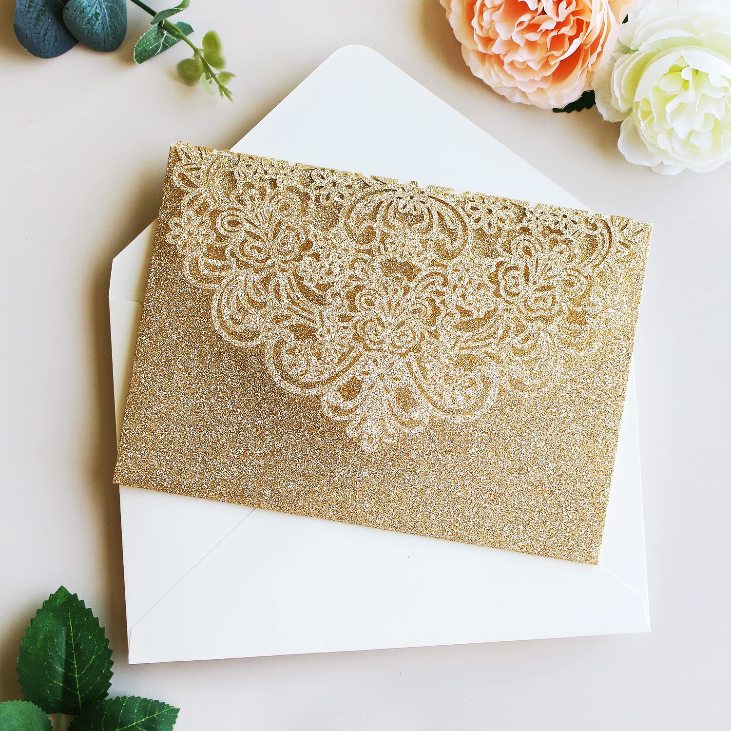 Hosmsua 20x Gold Dreifaltige Lasergeschnittene Einladungskarten Set mit Antwortkarte & Umschlägen, Gold Glitzer Floral Design Einladungen für Hochzeit Geburtstag Hochzeitsjubiläum & Feierlichkeiten