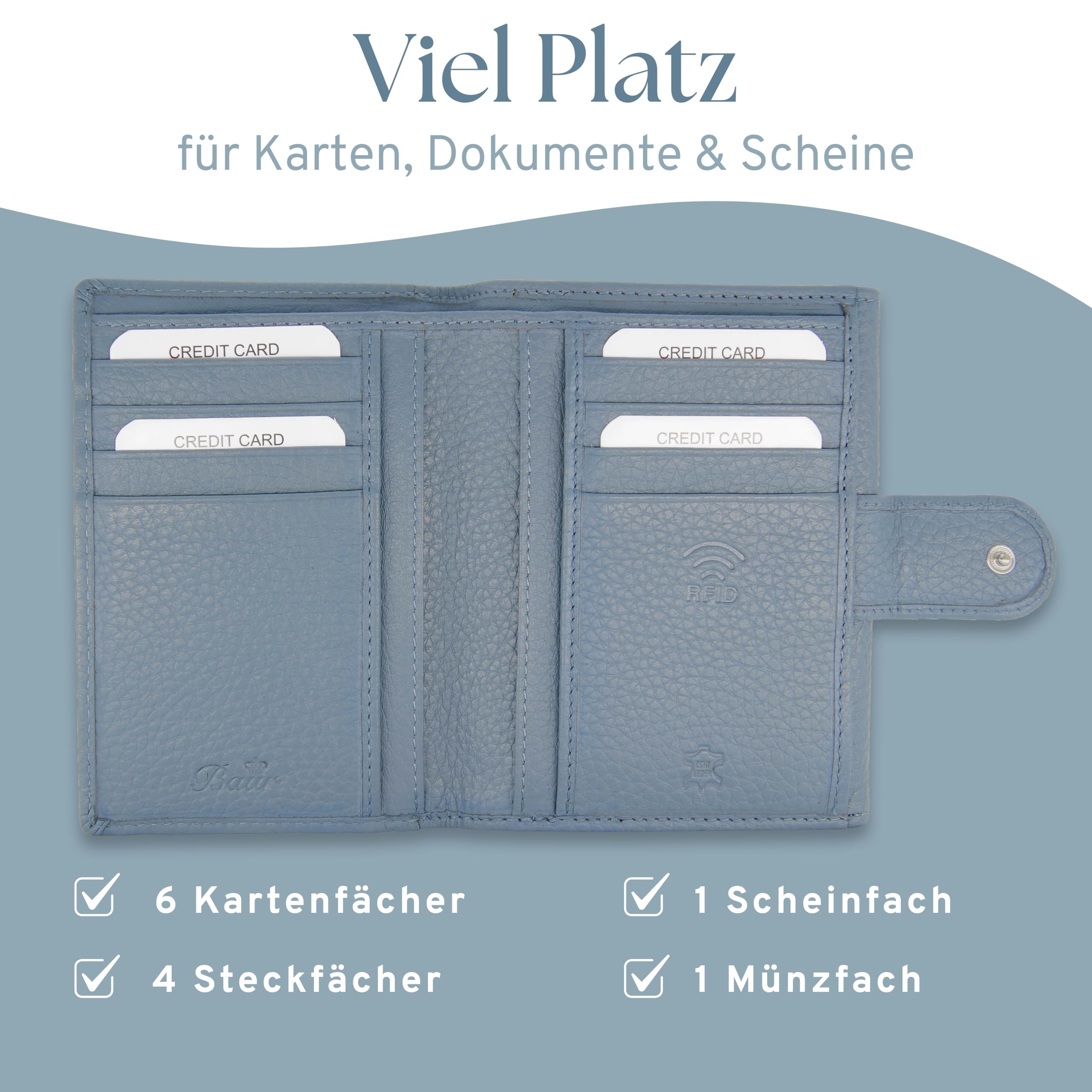Baur - Damen Geldbörse aus echtem Leder mit RFID-Schutz (Tauben-Blau) | Kleines Portemonnaie, 6 Kartenfächer, Druckknopfverschluss, Münzfach mit Druckknopf, geprägtes Rindsleder